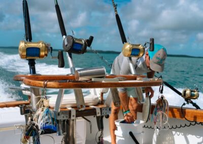 A rocket launcher full of rods and reels on an Ocean Fox fishing charter out of Harbour Island, Bahamas.